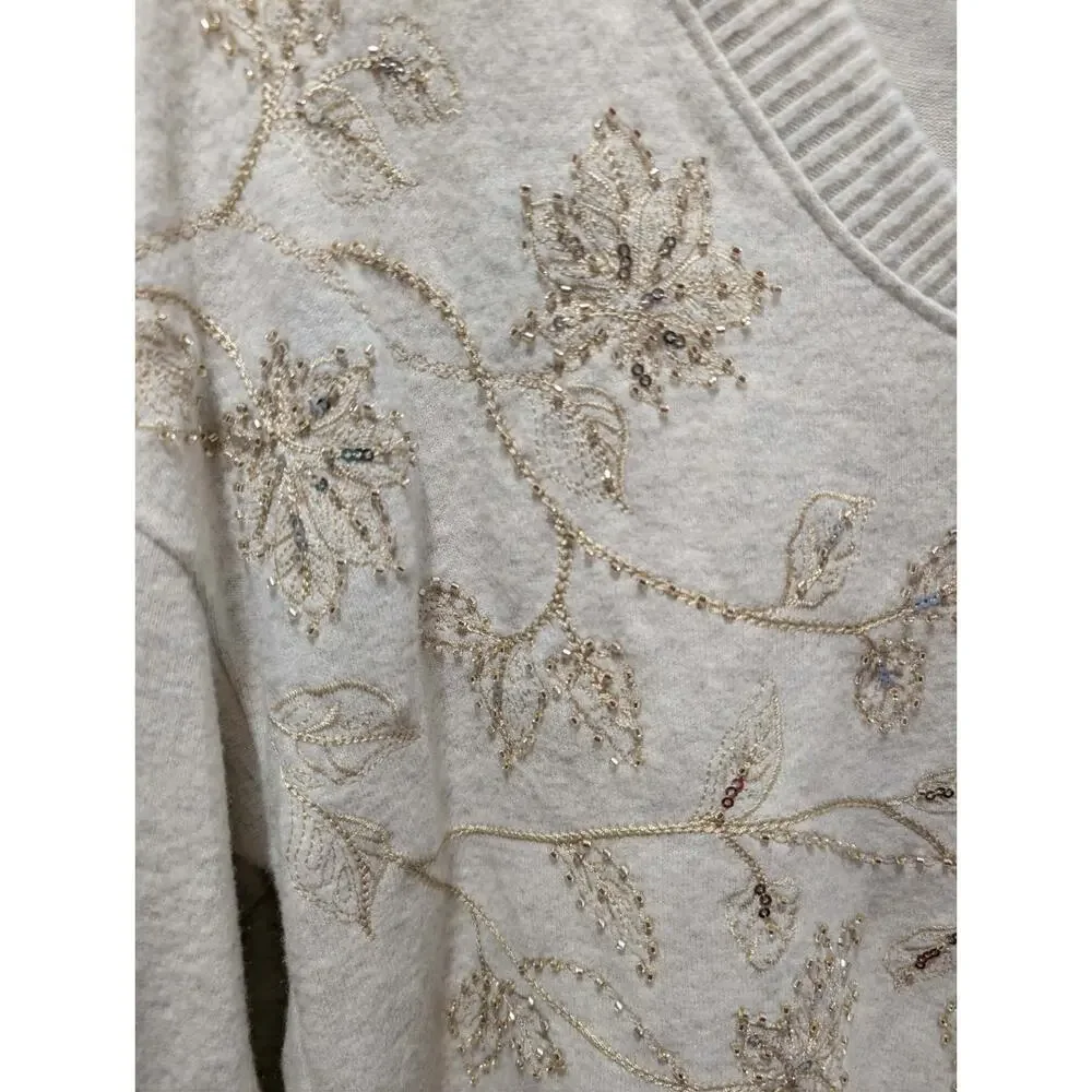 NEW! Democracy V-Neck Knot Hem Long-Sleeve Top Cream Size S Beaded Sequins